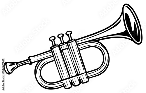 Outline illustration of trumpet instrument for music performance and design project