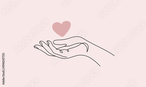Minimalist continuous line drawing of a heart hovering over an open female palm, concept of charity, hope and care on pink background. Vector illustration