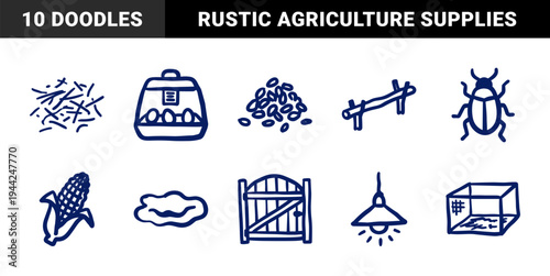 Hand-drawn poultry farming and agriculture elements for organic brand identity. Rustic, naive marker sketch illustrations featuring coop supplies.