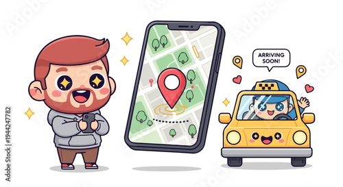 Cartoon illustration of a man with a smartphone showing a map and a taxi with a speech bubble on a white background with a playful and modern style.