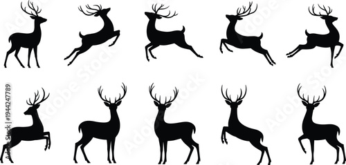 Collection of deer silhouettes with antlers in various poses including standing, leaping, and running, arranged in rows for wildlife illustration and design use