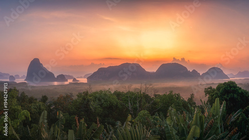 tropical islands in the phang nga bay from samet nangshe viewpoint at sunset in krabi in thailand