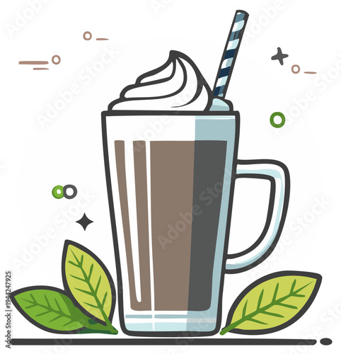 Vector Art: Tall Glass of Iced Coffee or Mocha Latte with Whipped Cream and Straw, Coffee Drink with Fresh Leaves, isolated