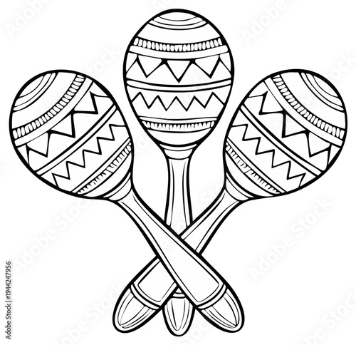 Three decorative crossed maracas with geometric patterns for musical rhythm and celebration