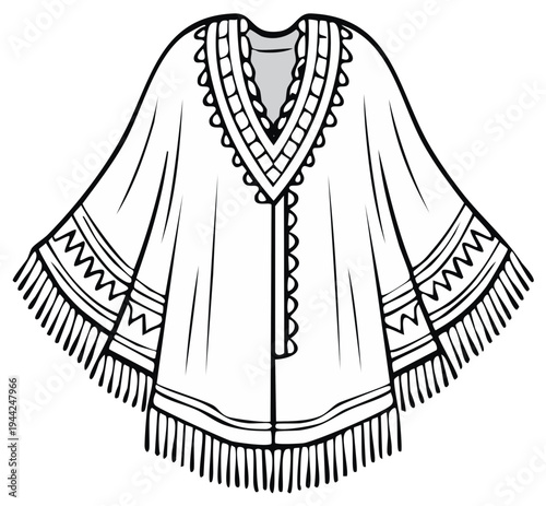 Bohemian Fringe Poncho Outerwear Fashion Illustration Sketch Black and White