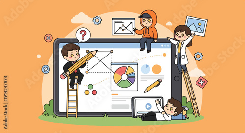 Illustration of four cartoon businesspeople working on a large computer screen with graphs and charts on a bright orange background with green grass.