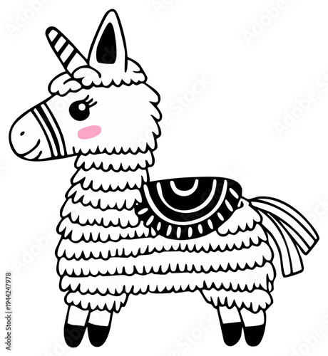 Cute Cartoon Llama Unicorn Vector Illustration, Fantasy Creature, Animal Line Art for Coloring and Design