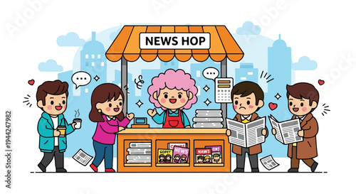 Cartoon illustration of people buying newspapers and magazines from a newsstand with a cheerful vendor in a city setting with a blue sky and buildings.