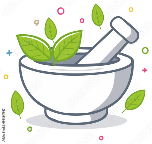 Simple illustration of a mortar and pestle with fresh green herbs for natural medicine and wellness concept