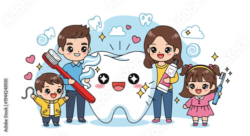 A cartoon illustration of a smiling family with a tooth, toothbrushes, and a dental pick, surrounded by dental hygiene icons on a white background with a light blue design.