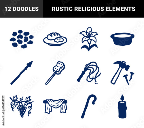 Hand-drawn religious and lenten symbols for spiritual branding. Rustic, naive marker sketch illustrations featuring christian easter and passion concepts.