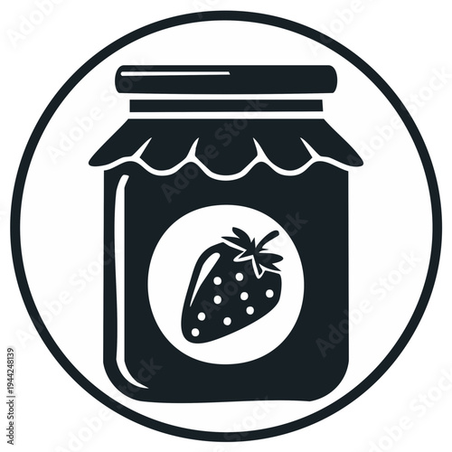 Simple icon of a glass jar filled with strawberry jam and a strawberry on the label inside a circle