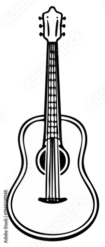 Black and white illustration of an acoustic guitar isolated on white background