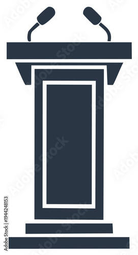 Dark blue podium with microphones for public speaking and presentations