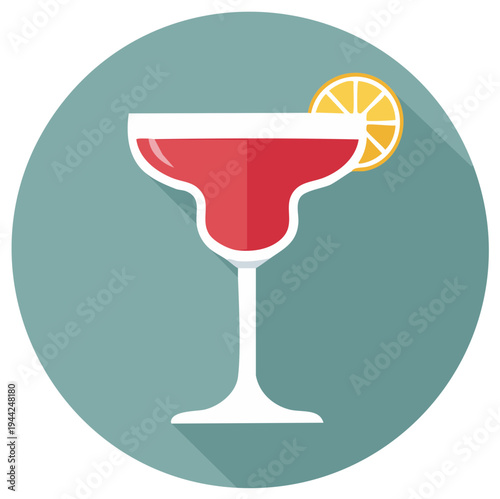 Flat design cocktail glass icon with red drink and citrus slice, long shadow effect