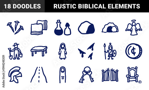 Ancient biblical and Roman history doodles for storytelling and education. Rustic hand-drawn marker sketches featuring tomb, centurion, and religious symbols.