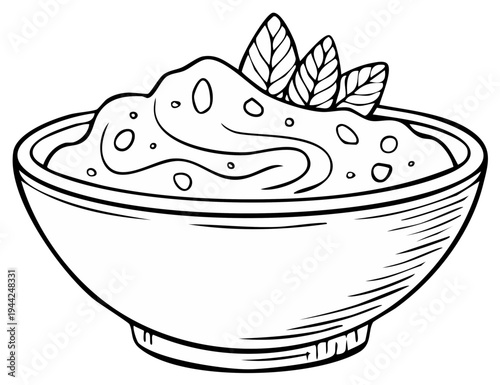 Hand drawn illustration of a bowl of creamy dip garnished with fresh herb leaves