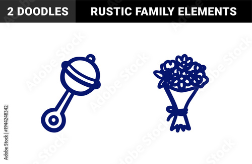 Hand-drawn floral bouquet and baby rattle elements for organic brand identity. Rustic, naive marker sketch illustrations for life celebrations.