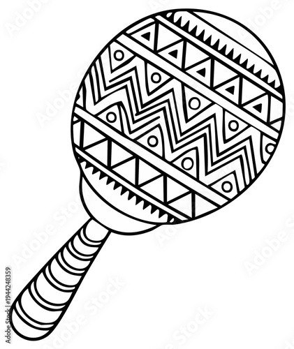 Mexican-style maraca illustration with detailed zigzag and triangular patterns in black outline, music concept