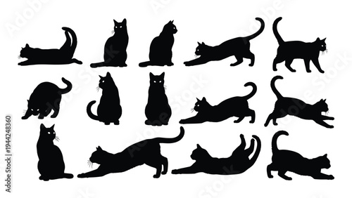Collection of various feline poses and expressions in black silhouette on white background for design and artistic use