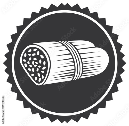 Illustration of a sushi roll with rice inside a circle with a starburst border