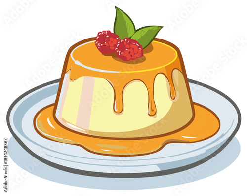 Delicious Custard Dessert with Caramel Sauce and Fresh Berries on a Plate