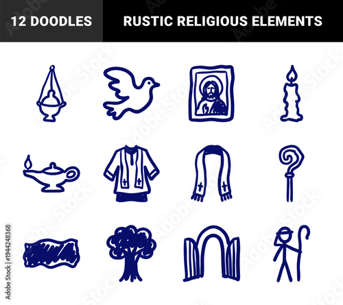 Orthodox Christian liturgical symbols in a naive marker sketch style. Rustic hand-drawn religious elements for church branding and spiritual design.