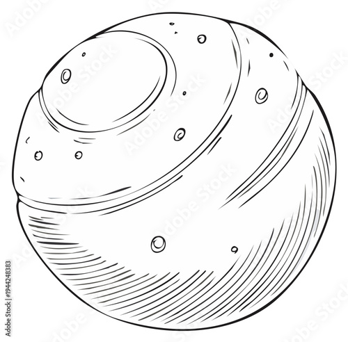 Stylized cartoon planet with craters and rings in black and white line art illustration