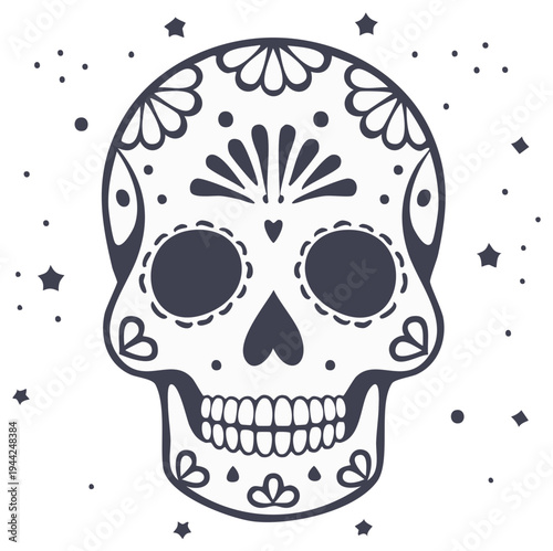 Ornate sugar skull illustration with decorative floral patterns and twinkling stars against a white background