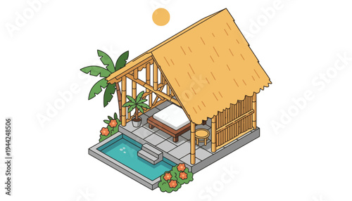 A serene hut with a pool and palm tree illustration vector