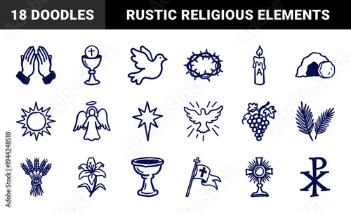 Christian religious symbols and Easter elements in a rustic hand-drawn doodle style. Naive marker sketch illustrations for church branding and spiritual identity.