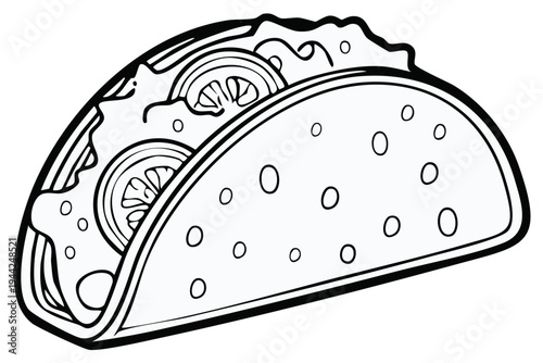 Line art of a tasty taco, filled with fresh vegetables and toppings, ready to eat.