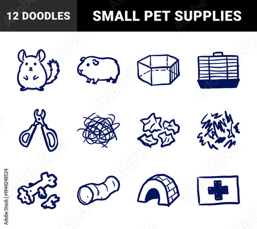 Small pet care and rodent husbandry elements for veterinary branding. Rustic, naive marker sketch illustrations of guinea pig and chinchilla supplies.
