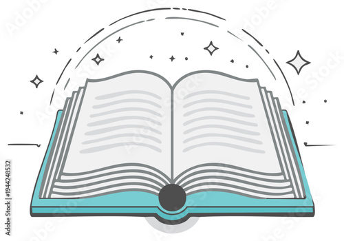 Open magical book with glowing stars and swirling lines, symbolizing knowledge, imagination, and fantasy stories