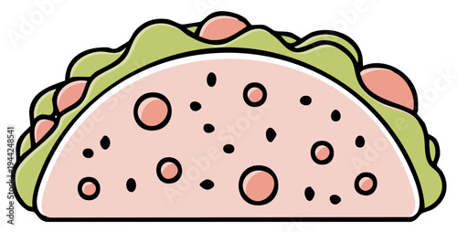 Delicious taco with meat, lettuce, and filling served in a wrap, an appetizing fast food meal, food icon illustration of a fresh lunch