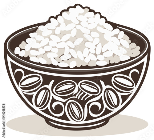 Bowl of white rice with decorative floral pattern design, prepared food, Asian cuisine