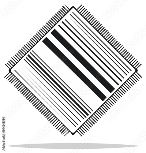 Stylized vector illustration of fringed square rug with linear pattern