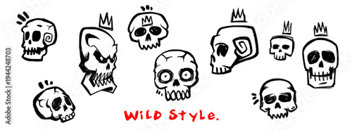 Collection of 9 Hand Drawn Skull Illustrations in Black Line Art Style for Tattoo Flash and Sticker Sets.