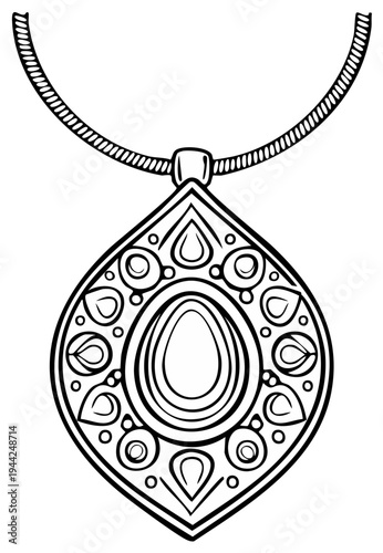 Ornate teardrop pendant necklace with central gemstone and decorative border in black and white line art style