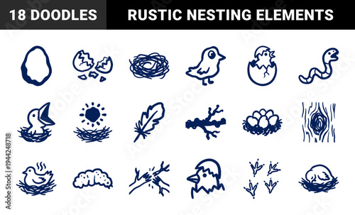 Hand-drawn bird nesting and hatching cycle elements for rustic branding. Naive marker sketch illustrations of eggs, nests, and chicks in a clumsy organic style.