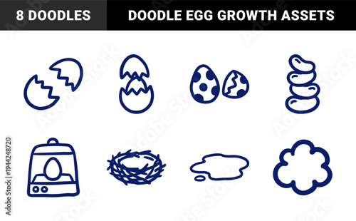 Hand-drawn poultry farming and egg hatching elements for rustic brand identity. Naive marker sketch illustrations of nests, incubators, and broken shells.