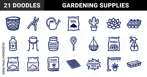 Indoor gardening and plant care essentials for organic brand identity. Rustic, naive marker sketch illustrations featuring botanical maintenance tools.