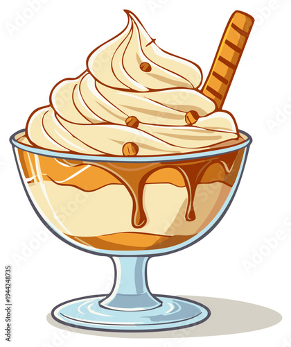 Delicious Caramel Sundae Illustration with Toppings and a Cookie Stick in a Glass Bowl