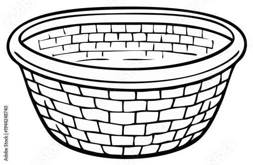 Woven basket illustration in black and white, traditional craft container.