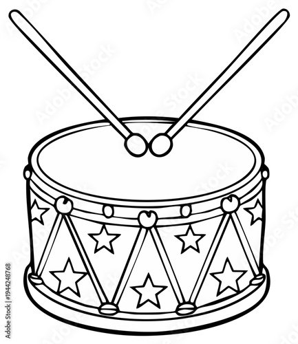 Childhood Toy Drum with Drumsticks Line Art Illustration