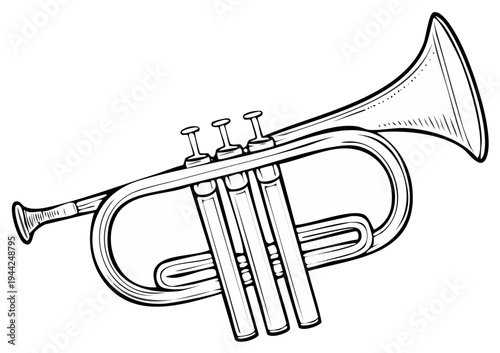 Hand Drawn Trumpet Illustration, Outline Image of a Wind Instrument