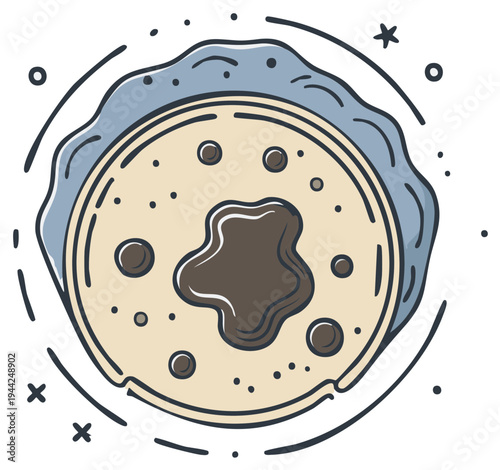 Top-down view of a cartoonish crepe with chocolate topping, in a vector illustration.