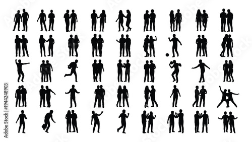 Collection of diverse human silhouettes in various poses and actions