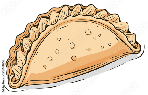 Artistic illustration of a fried empanada with crimped crust and surface circles, highlighting food drawing and delicious savory pastry concept.