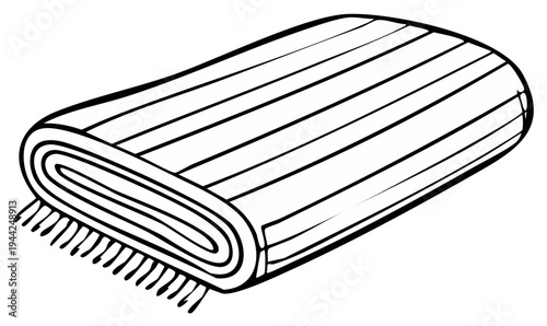 Rolled-up striped beach towel with fringe, black and white line art illustration